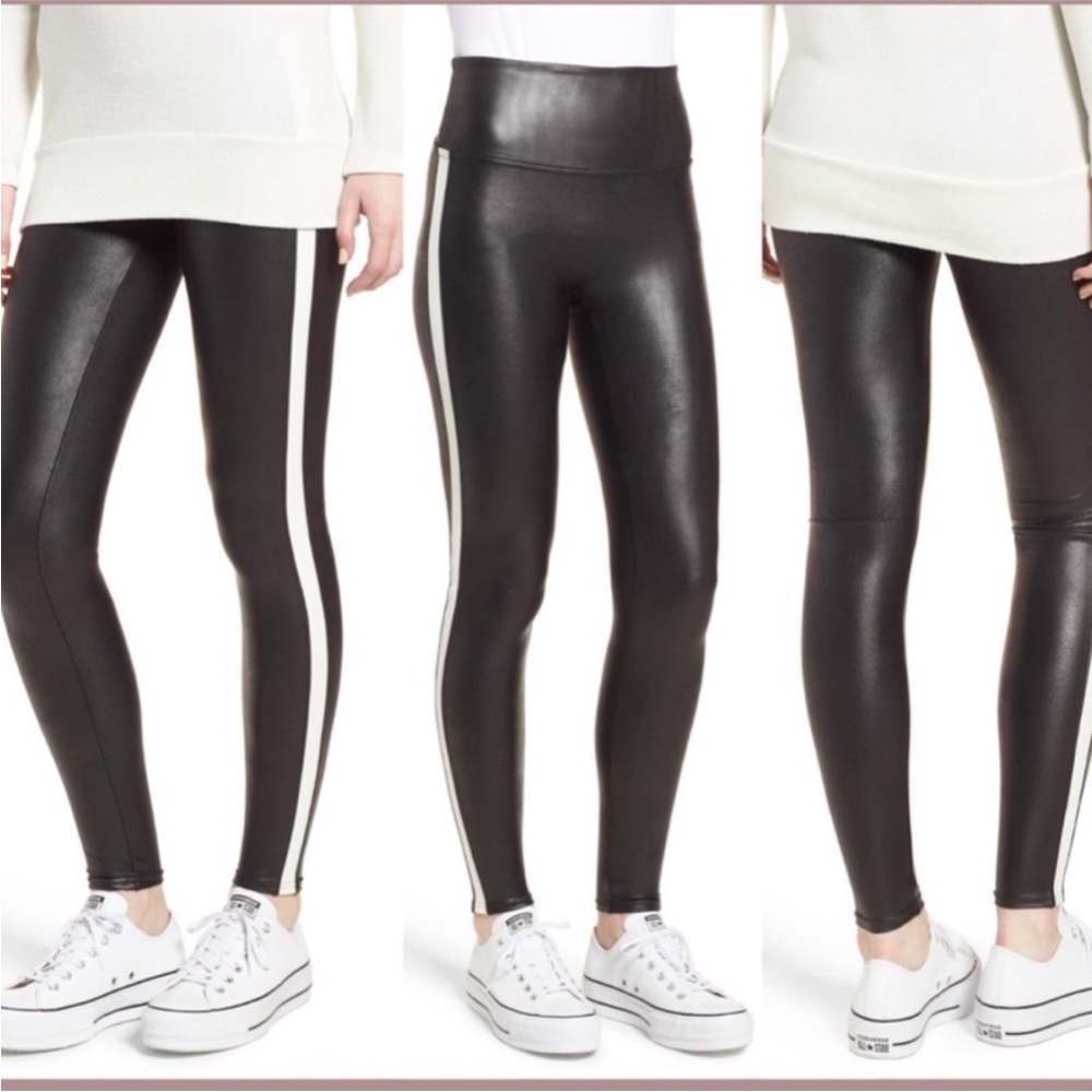 Spanx Side Stripe Faux Leather Leggings in Black/White